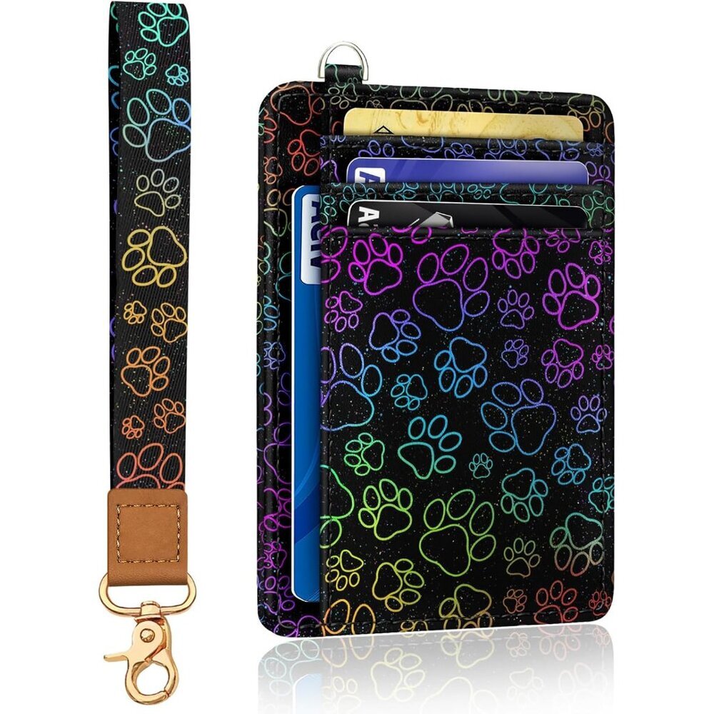 Dog Paw Credit Card Holder Slim Wallet, RFID Wallet Women Front Pocket Wristlet